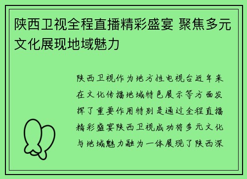 陕西卫视全程直播精彩盛宴 聚焦多元文化展现地域魅力