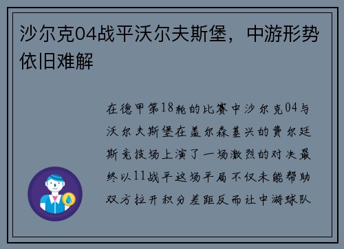 沙尔克04战平沃尔夫斯堡，中游形势依旧难解