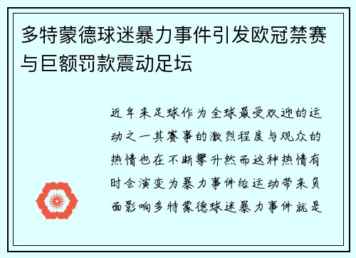 多特蒙德球迷暴力事件引发欧冠禁赛与巨额罚款震动足坛